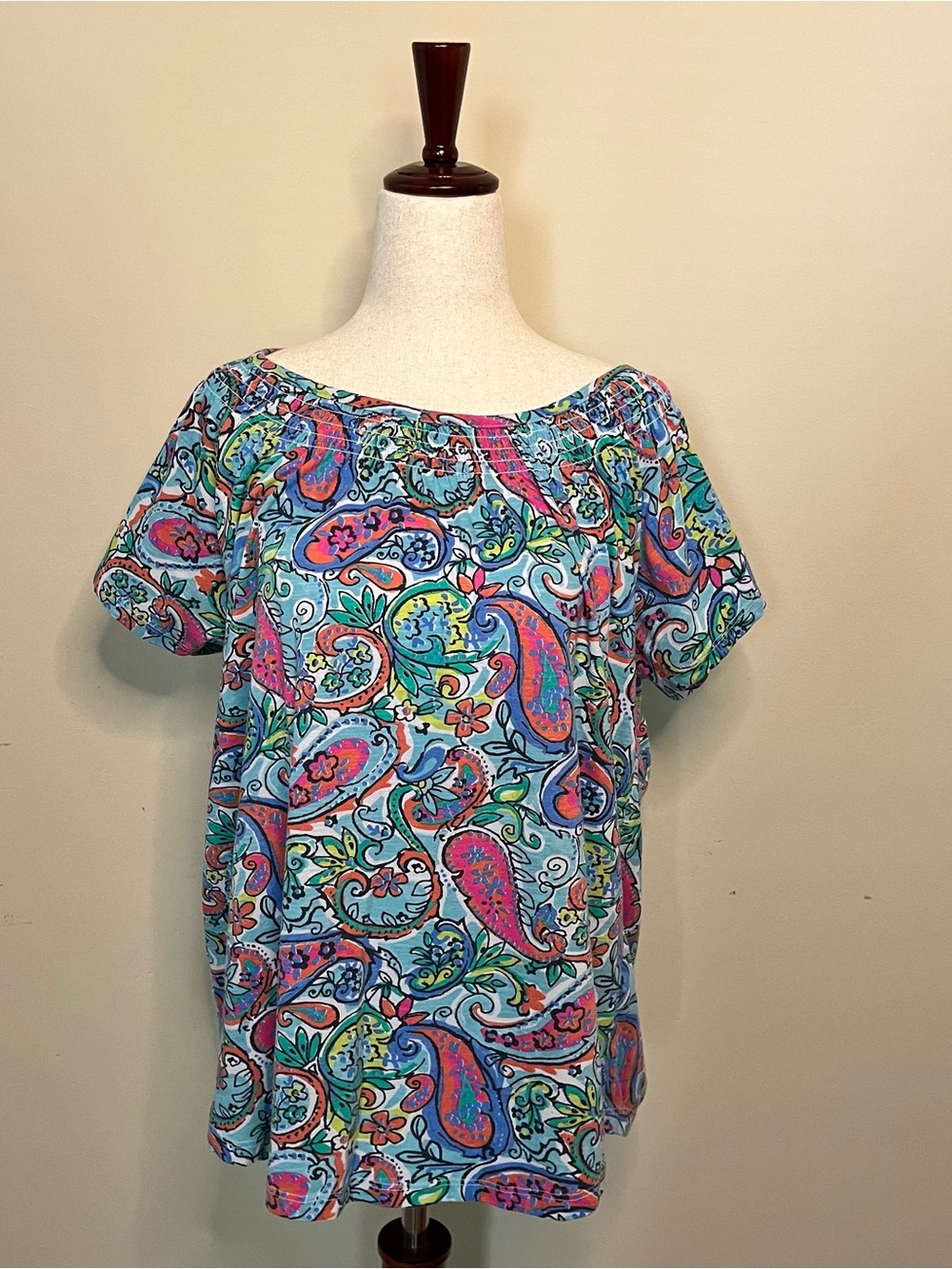Fresh Blue Paisley on or off-Shoulder Tunic with Pink & Green Accents
